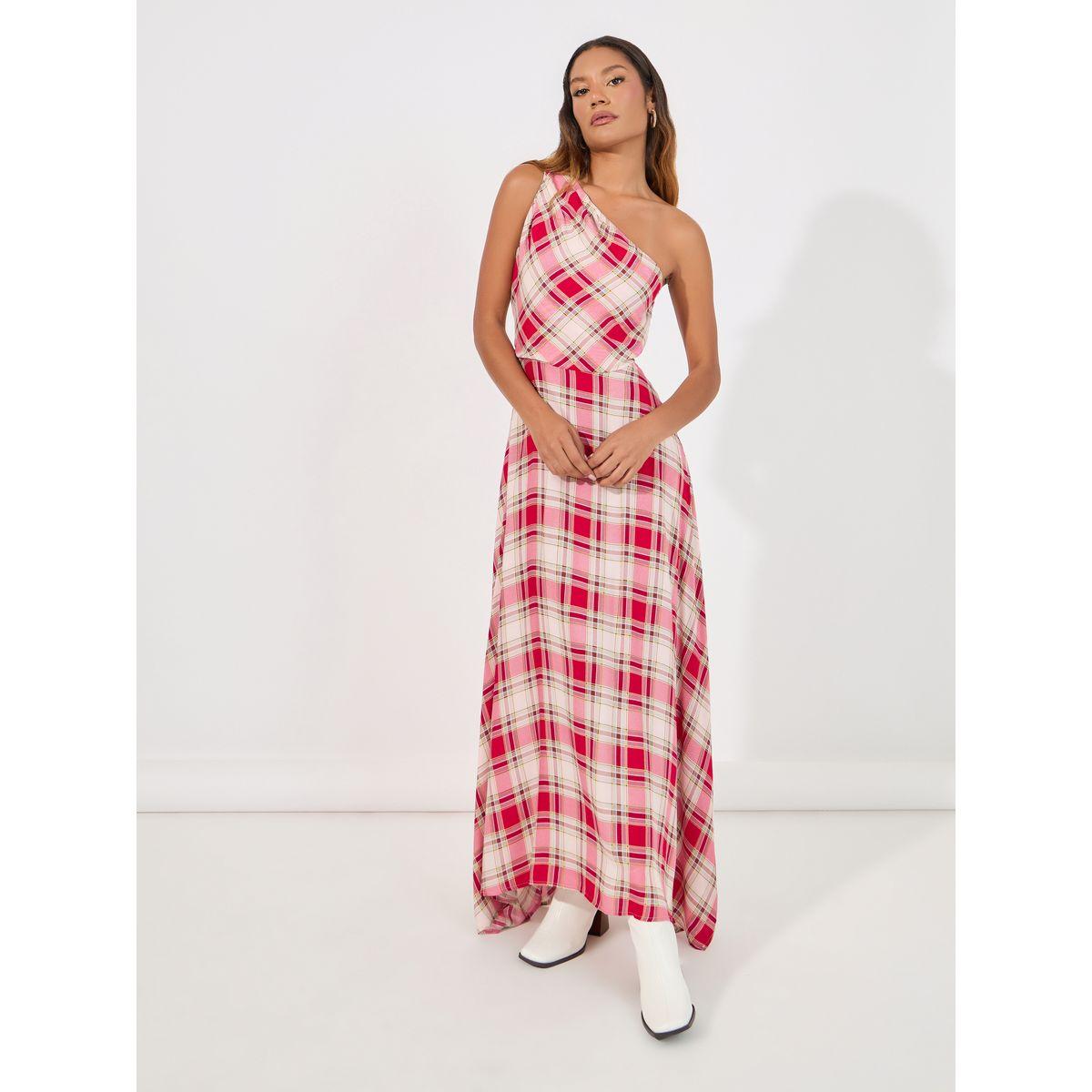 فستان طويل مطبع بمربعات وكتف واحد-women-clothing-dresses-image-2