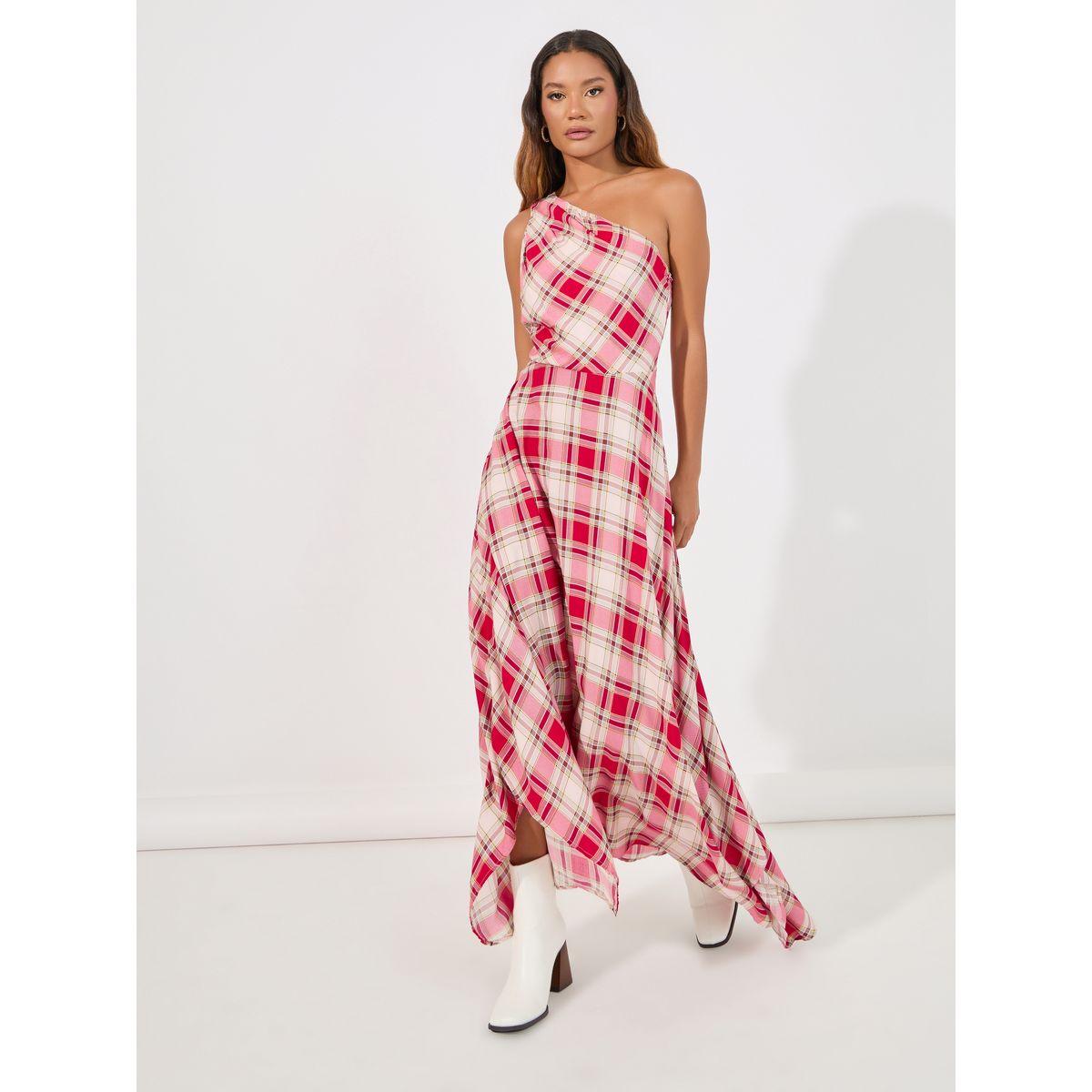 فستان طويل مطبع بمربعات وكتف واحد-women-clothing-dresses-image-5