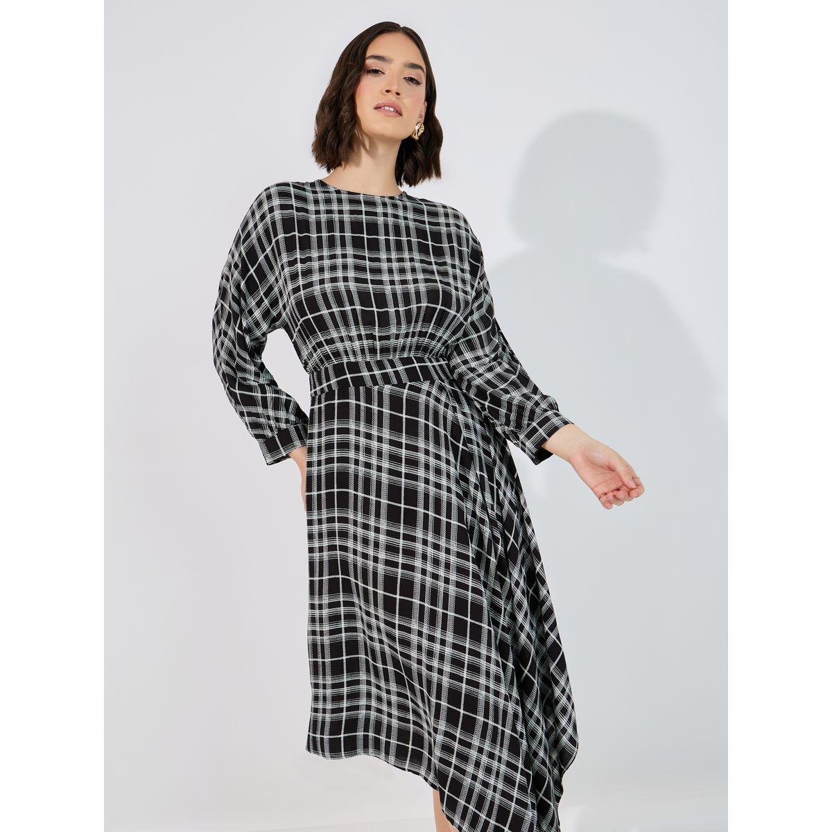 Styli Checked Asymmetric Hem A-Line Maxi Dress-women-clothing-dresses-image-2