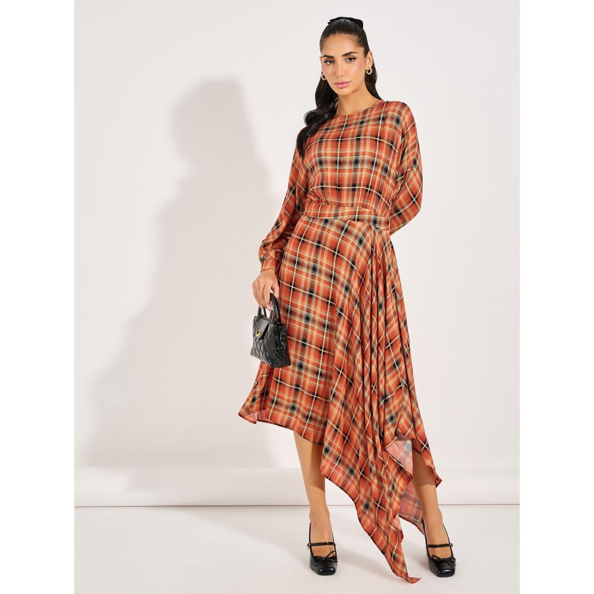 Styli Checked Asymmetric Hem A-Line Maxi Dress-women-clothing-dresses-image-1
