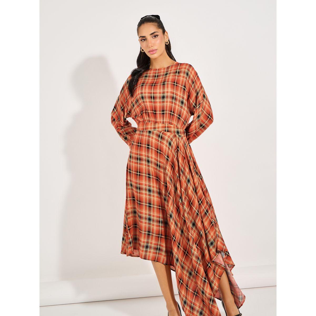 Styli Checked Asymmetric Hem A-Line Maxi Dress-women-clothing-dresses-image-2