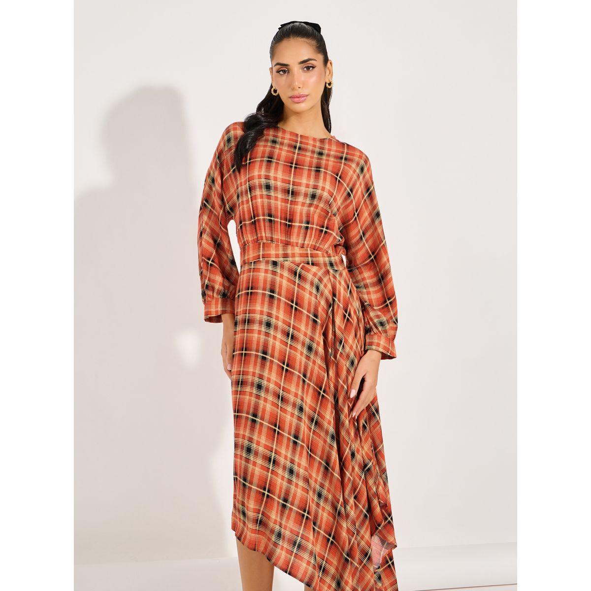 Styli Checked Asymmetric Hem A-Line Maxi Dress-women-clothing-dresses-image-6