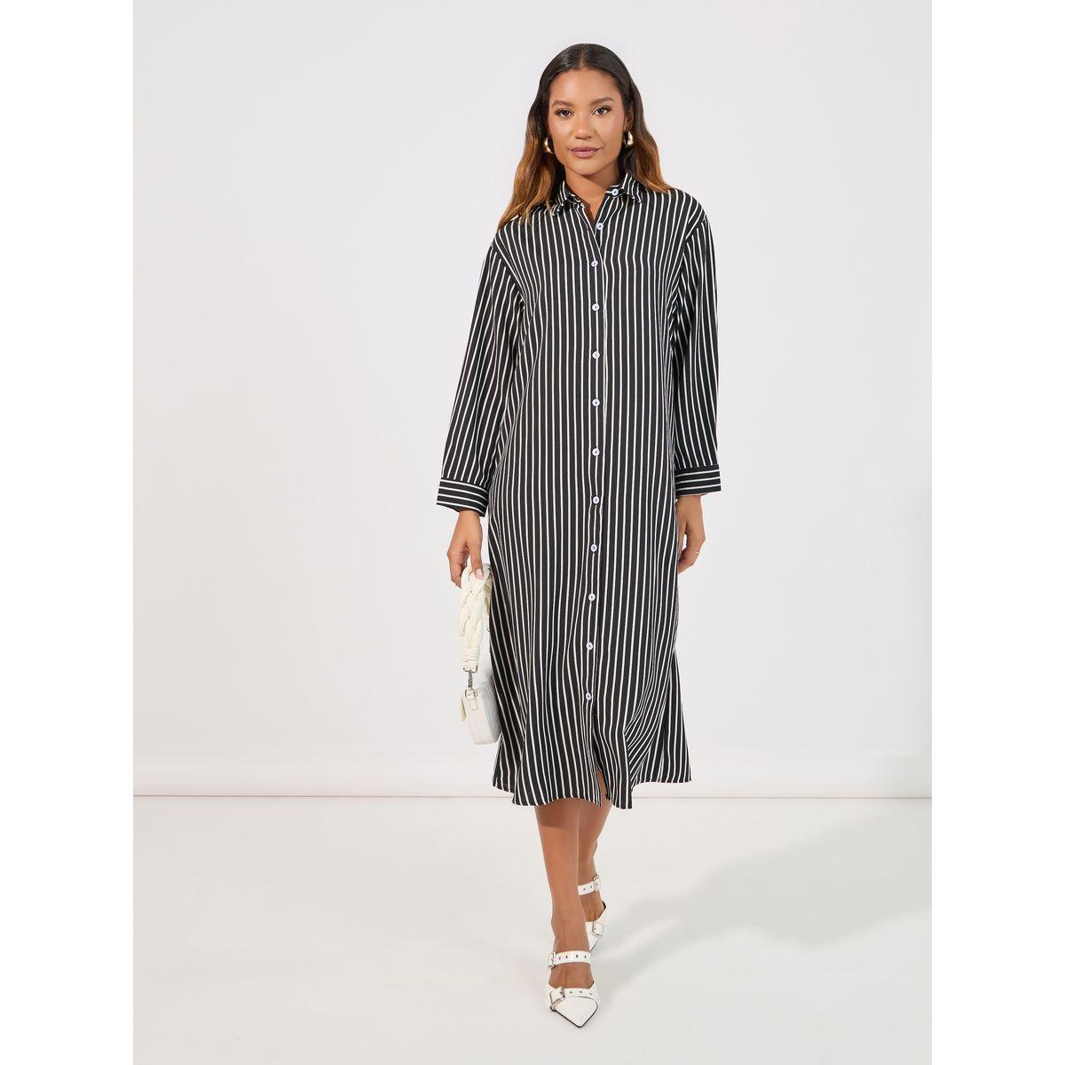 Styli Striped Shirt Midi Dress with Button Placket-women-clothing-dresses-image-1