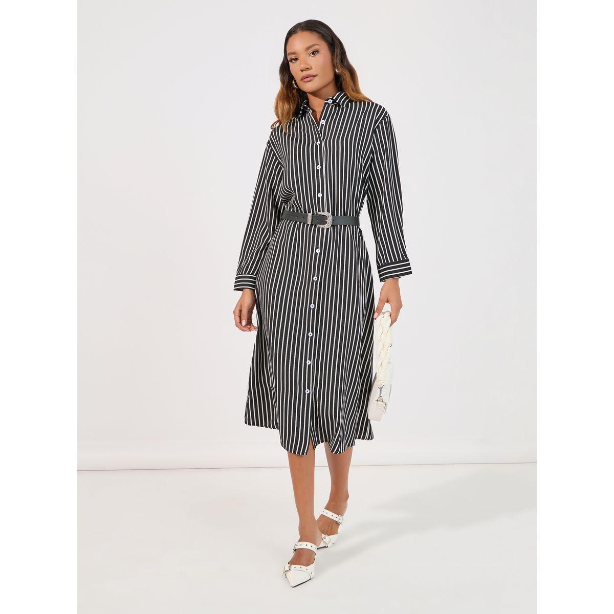 Styli Striped Shirt Midi Dress with Button Placket-women-clothing-dresses-image-7