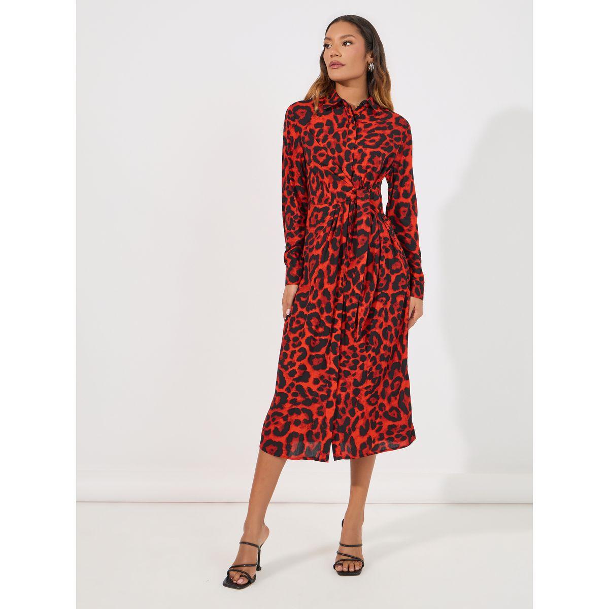فستان ميدي بطبعة حيوان مع رباط خصر-women-clothing-dresses-image-1