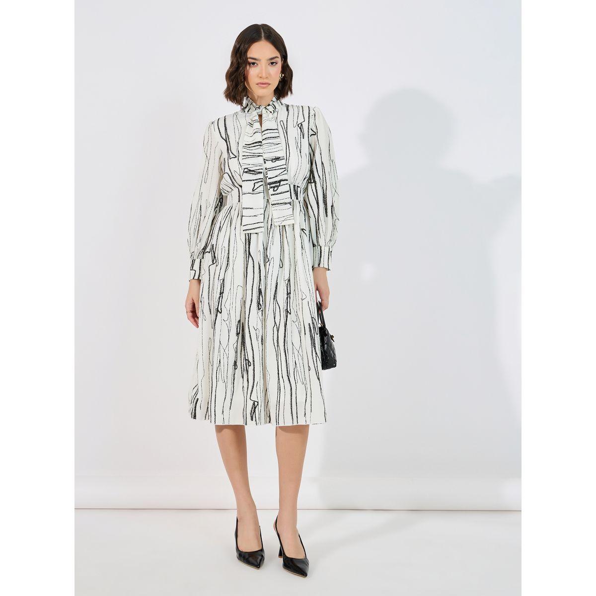 فستان ميدي بأكمام طويلة مع ياقة بأربطة-women-clothing-dresses-image-1