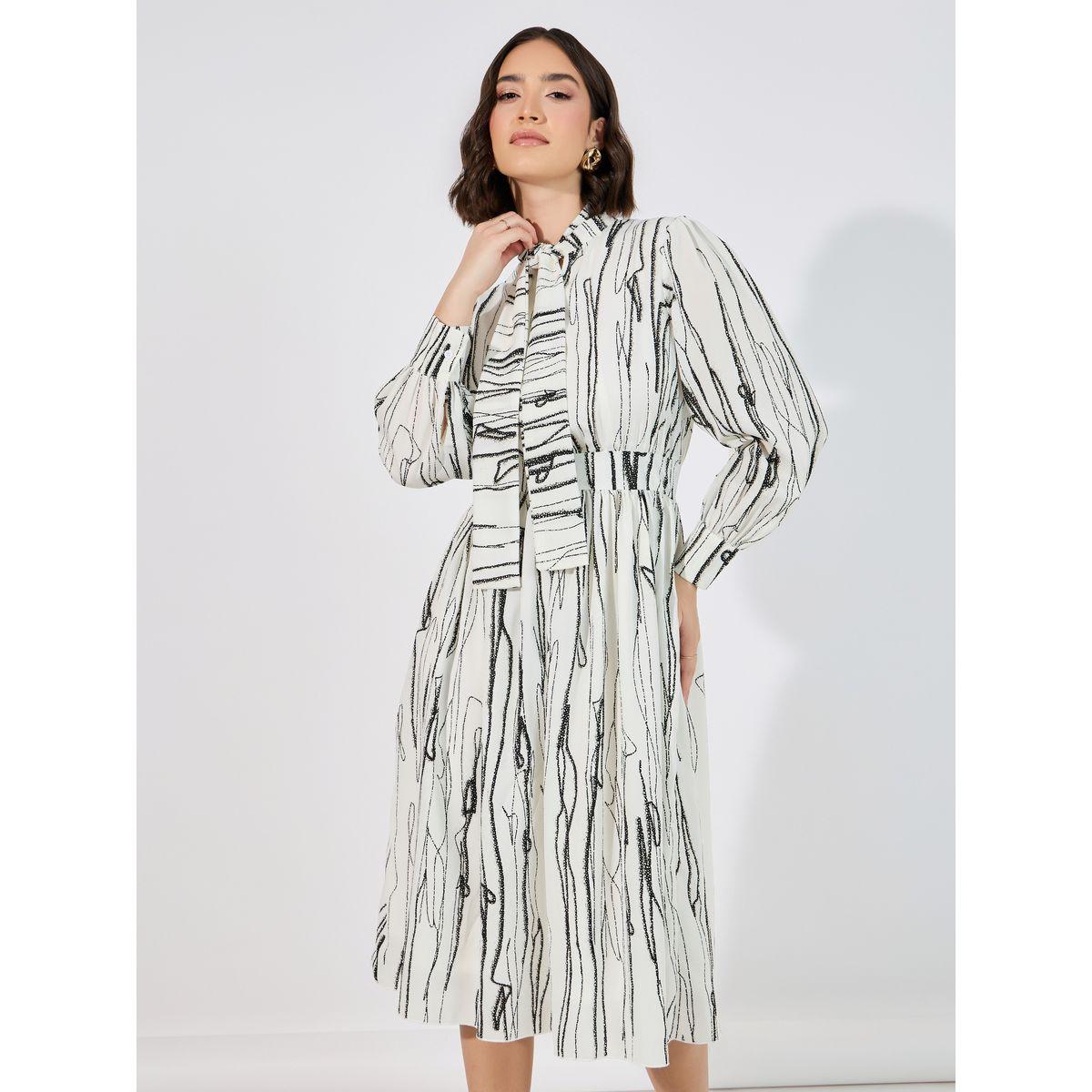 Styli Abstract Print Tie Up Neck A-Line Midi Dress-women-clothing-dresses-image-2