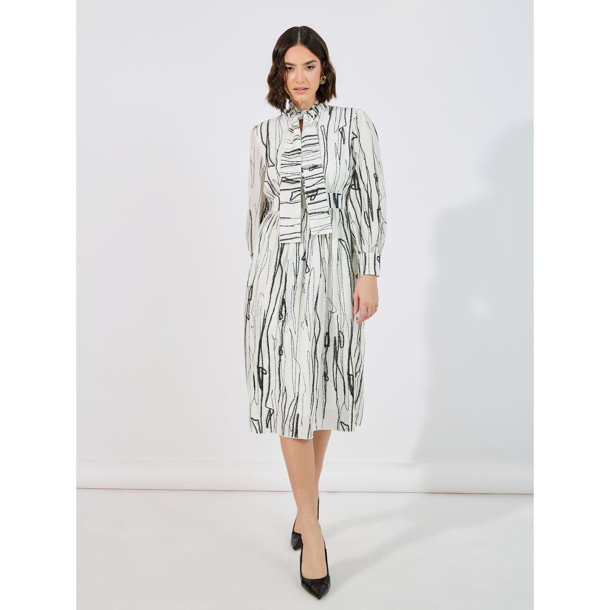 فستان ميدي بأكمام طويلة مع ياقة بأربطة-women-clothing-dresses-image-4