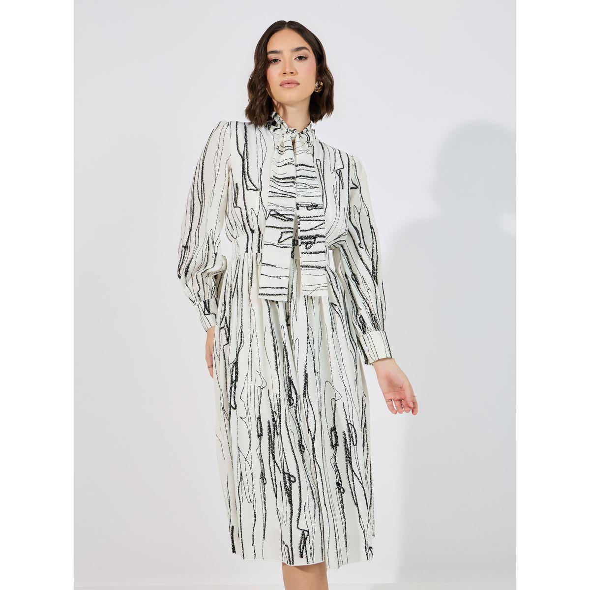 فستان ميدي بأكمام طويلة مع ياقة بأربطة-women-clothing-dresses-image-5