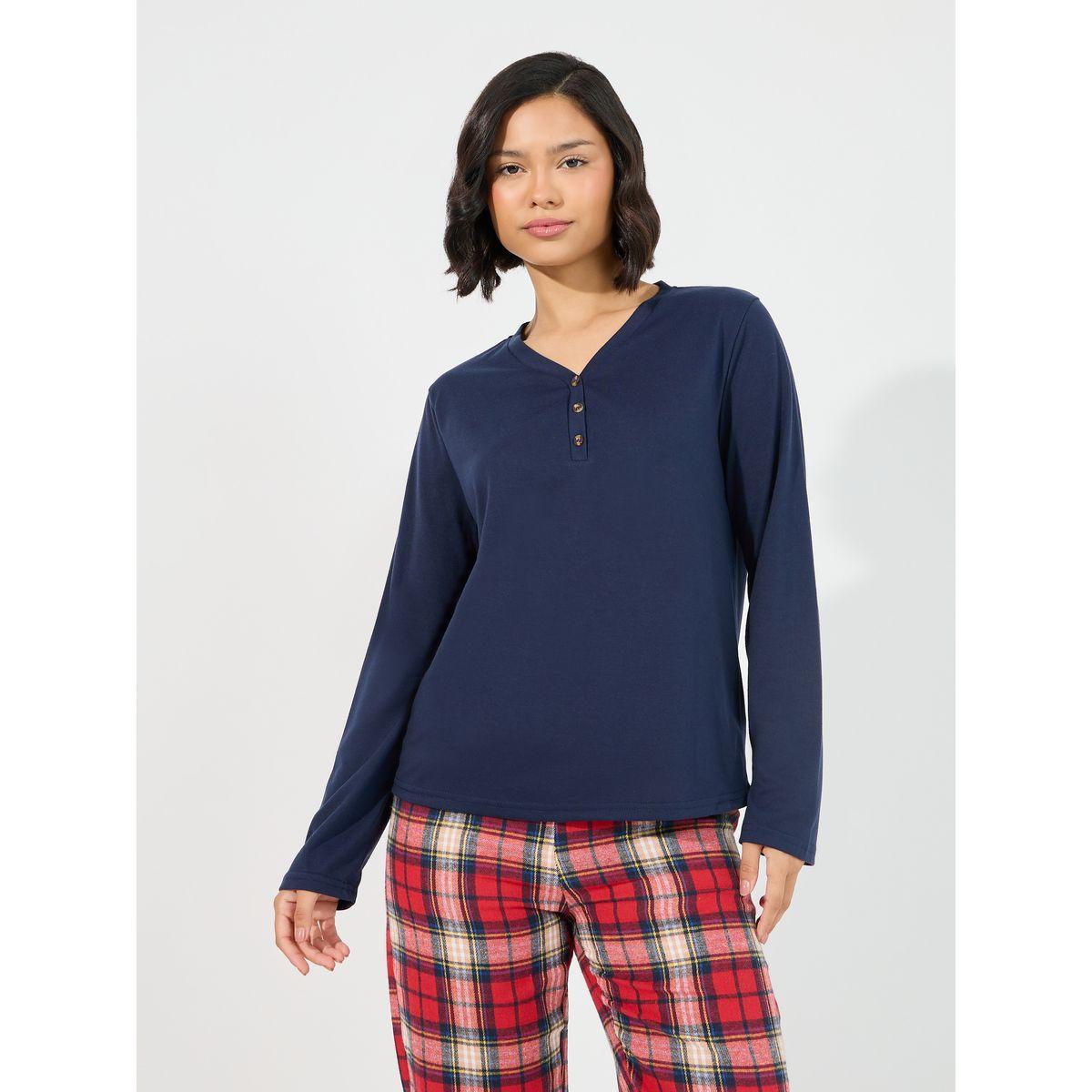 Styli Unwind Long Sleeves Placket T-Shirt & Check Piped Pyjama Set-women-clothing-nightwear-pyjamas-longsets-image-2
