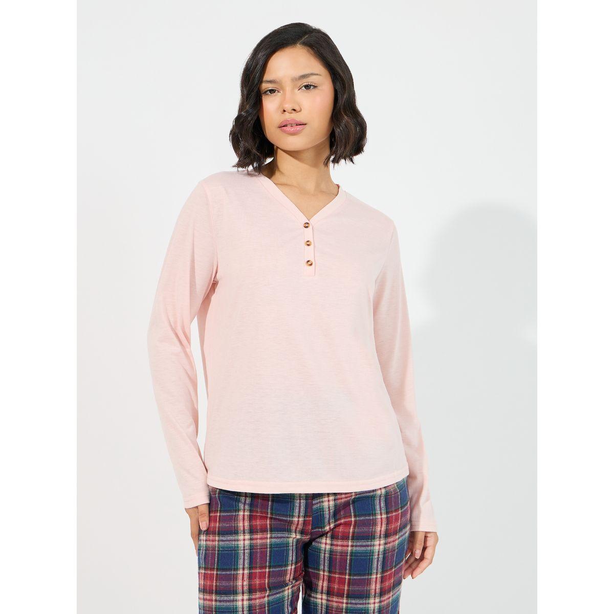 Styli Unwind Long Sleeves Placket T-Shirt & Check Piped Pyjama Set-women-clothing-nightwear-pyjamas-longsets-image-3