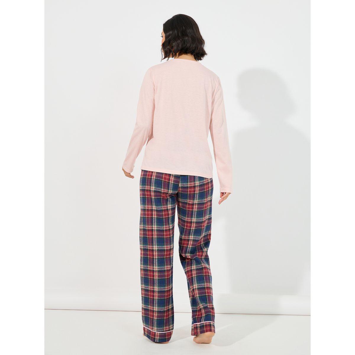 Styli Unwind Long Sleeves Placket T-Shirt & Check Piped Pyjama Set-women-clothing-nightwear-pyjamas-longsets-image-5