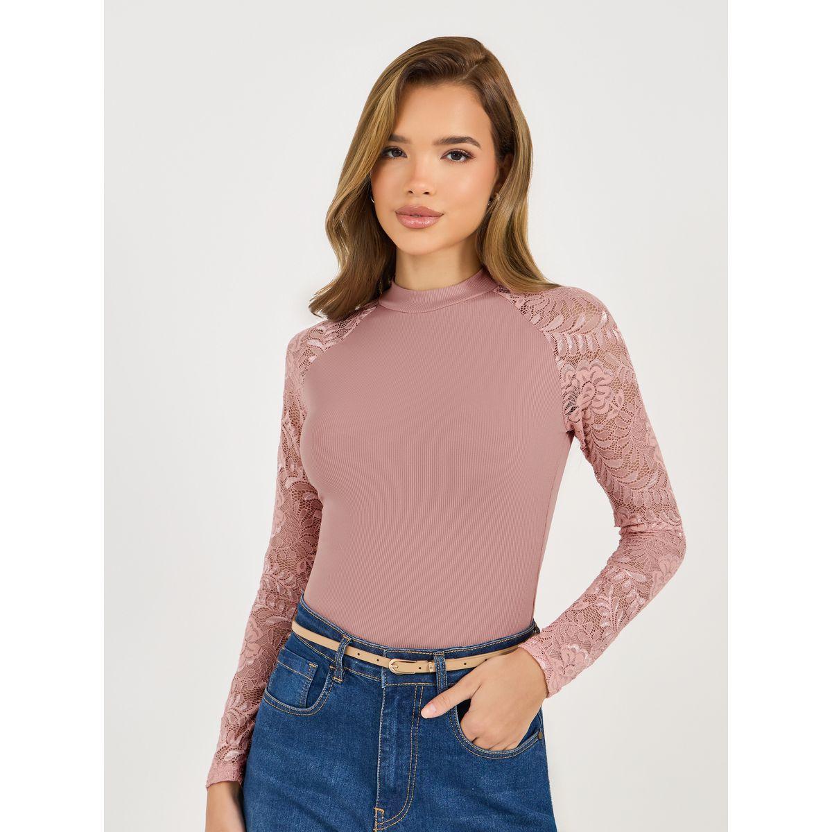 Styli Ribbed Knit Top with Lace Insert Sleeves-women-clothing-shirtsandblouses-blouses-image-1