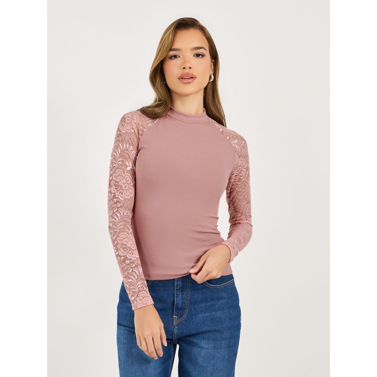 Styli Ribbed Knit Top with Lace Insert Sleeves-women-clothing-shirtsandblouses-blouses-image-3