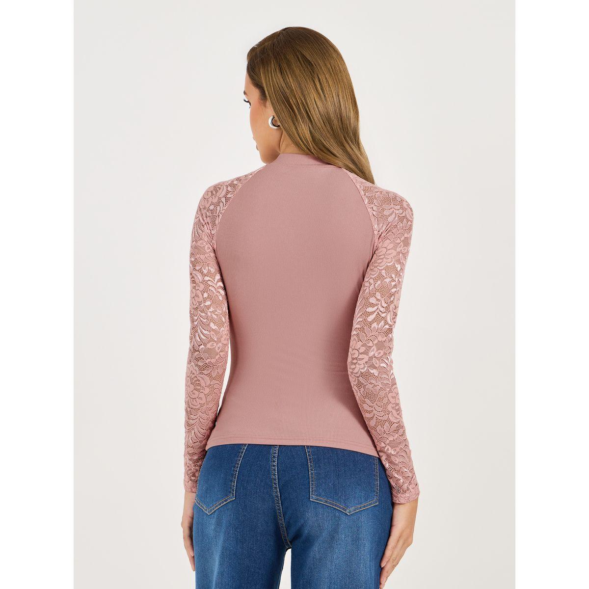 Styli Ribbed Knit Top with Lace Insert Sleeves-women-clothing-shirtsandblouses-blouses-image-5