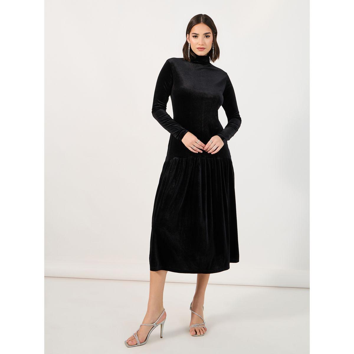 Styli Velvet Look Drop Waist A-Line Midi Dress-women-clothing-dresses-image-1