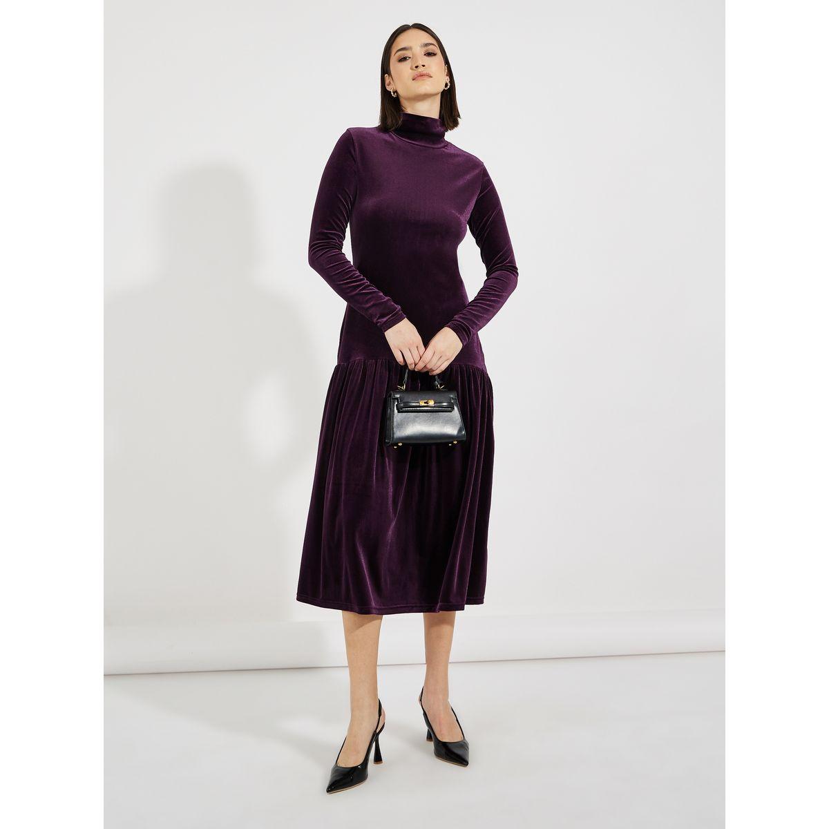 فستان ميدي مخمل بخصر منخفض-women-clothing-dresses-image-1