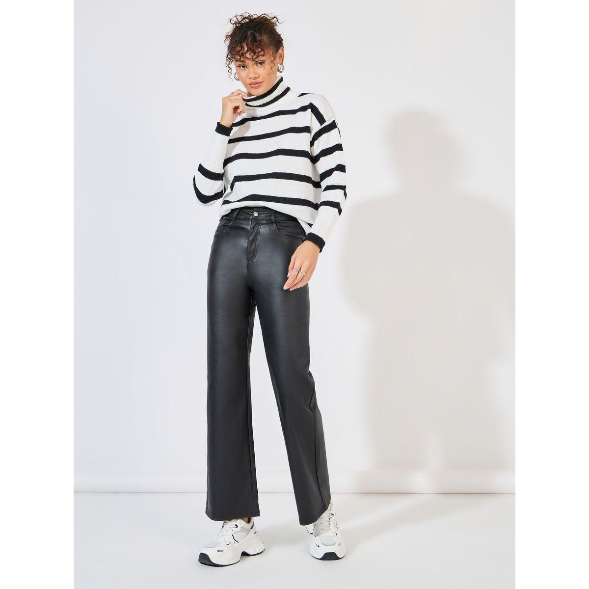Styli High Rise Leather Look Straight Fit Pants-women-clothing-bottoms-trousers-image-1