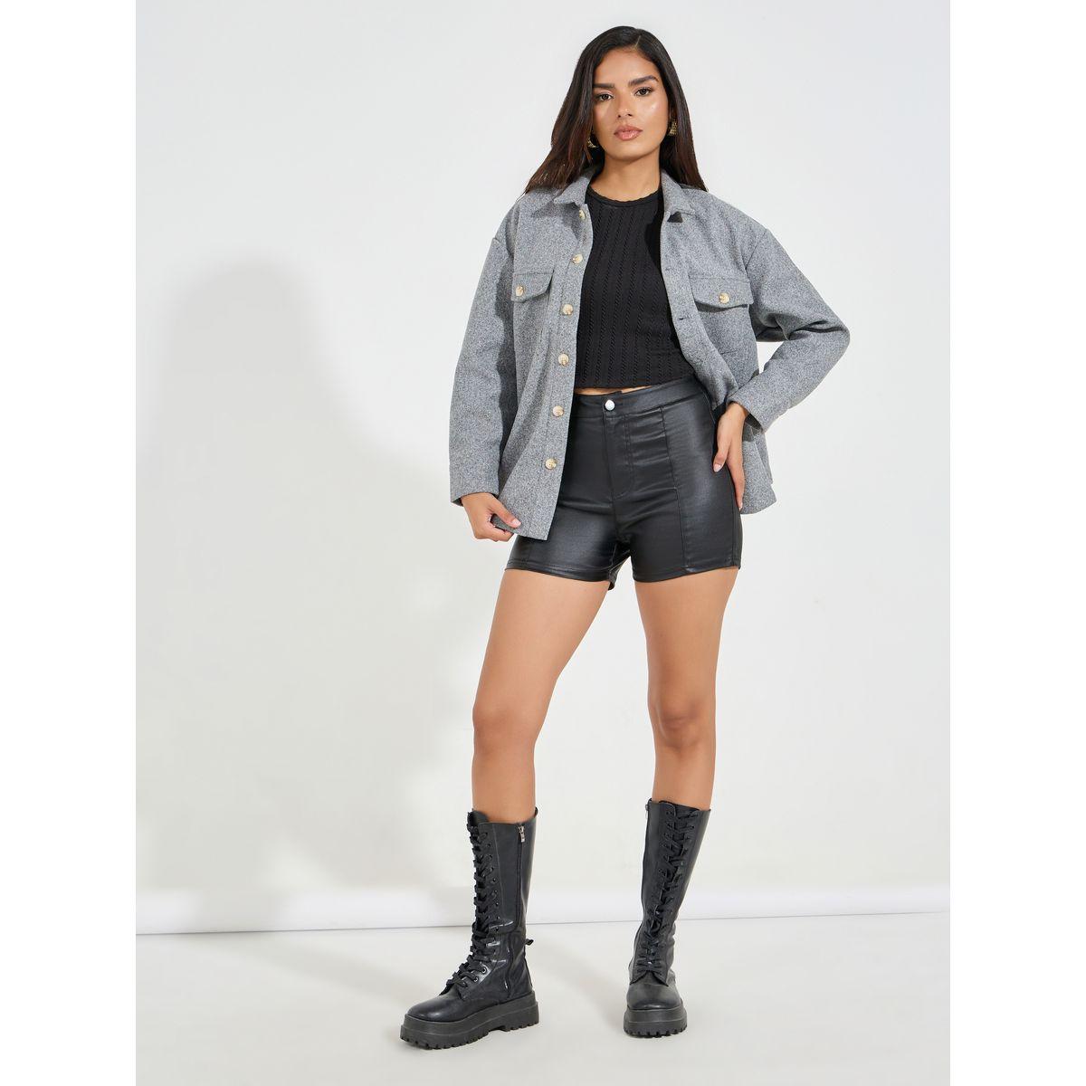 Styli Solid Leather Look Skinny Fit Shorts-women-clothing-bottoms-shorts-image-1