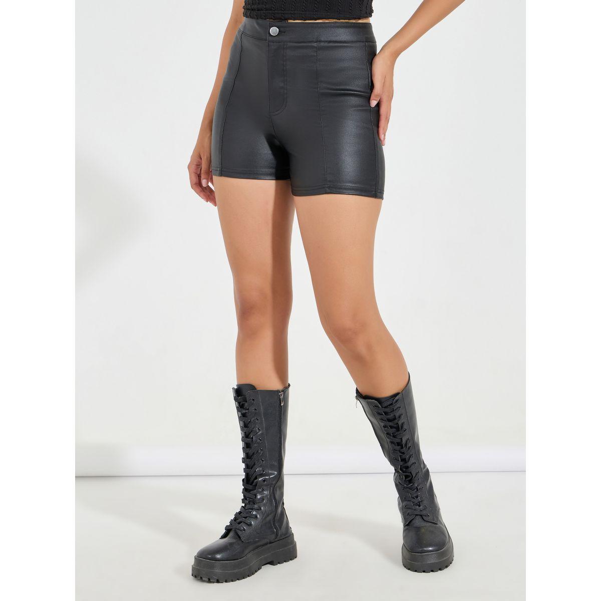 Styli Solid Leather Look Skinny Fit Shorts-women-clothing-bottoms-shorts-image-2