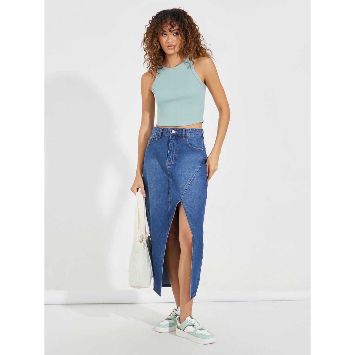 Styli Solid Denim Midi Skirt with High Slit & Button Detail-women-clothing-bottoms-skirts-image-1