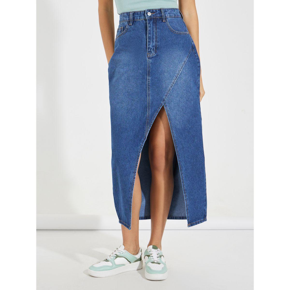 Styli Solid Denim Midi Skirt with High Slit & Button Detail-women-clothing-bottoms-skirts-image-2
