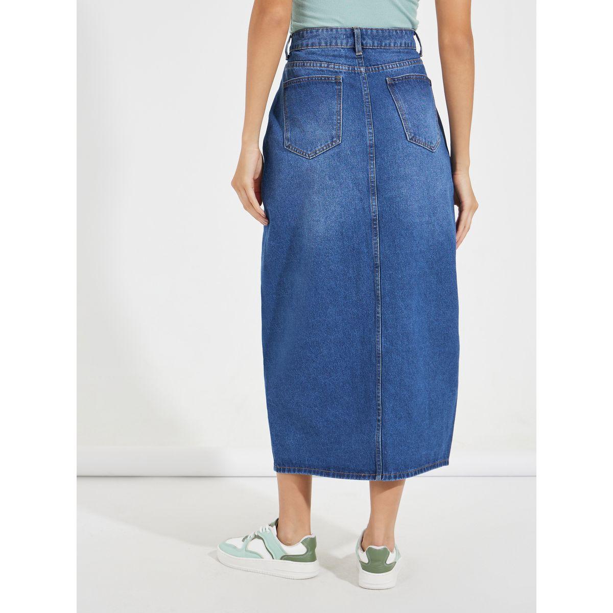 Styli Solid Denim Midi Skirt with High Slit & Button Detail-women-clothing-bottoms-skirts-image-4