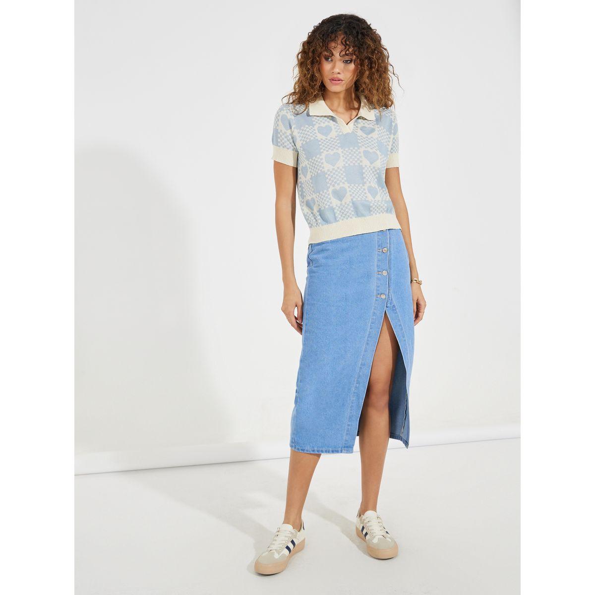 Styli Solid Denim Midi Skirt with High Slit & Button Detail-women-clothing-bottoms-skirts-image-1