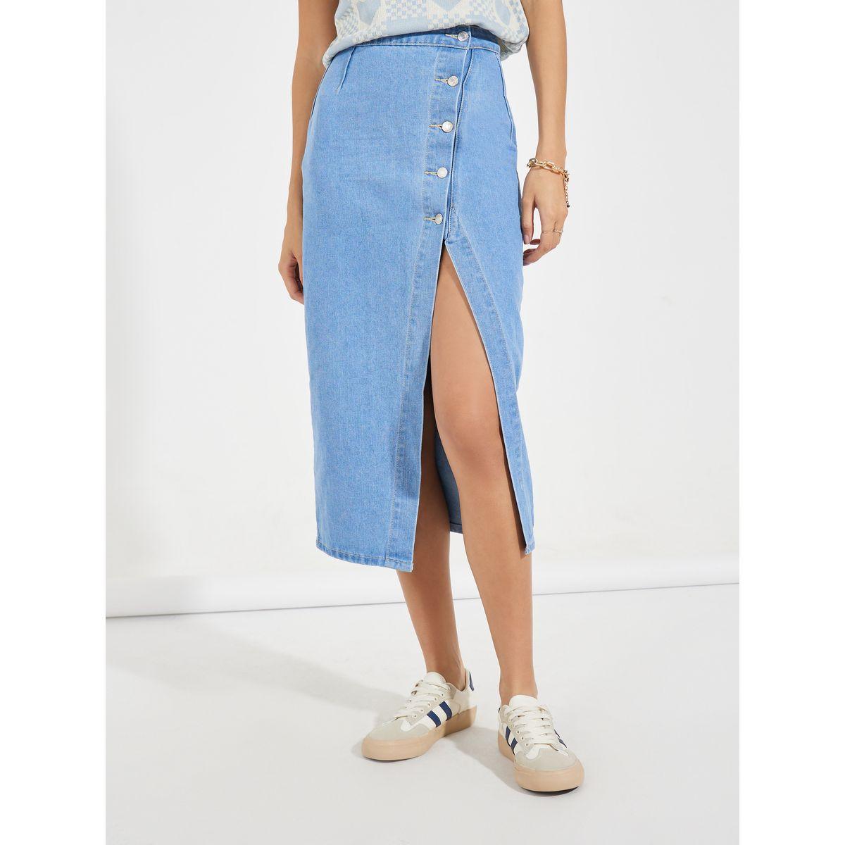 Styli Solid Denim Midi Skirt with High Slit & Button Detail-women-clothing-bottoms-skirts-image-2