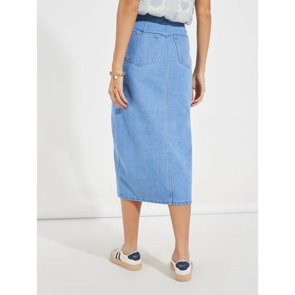 Styli Solid Denim Midi Skirt with High Slit & Button Detail-women-clothing-bottoms-skirts-image-4