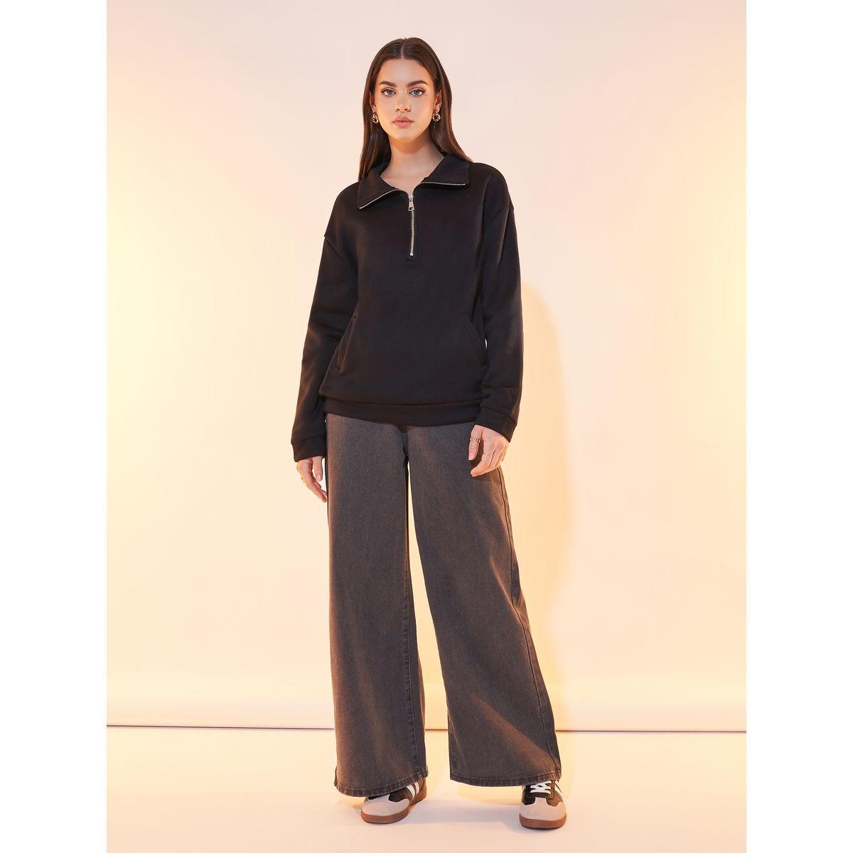 Styli Solid Half-Zip Detail Dropped Shoulder Sweatshirt-women-winterwear-hoodiesandsweatshirts-sweatshirts-image-2