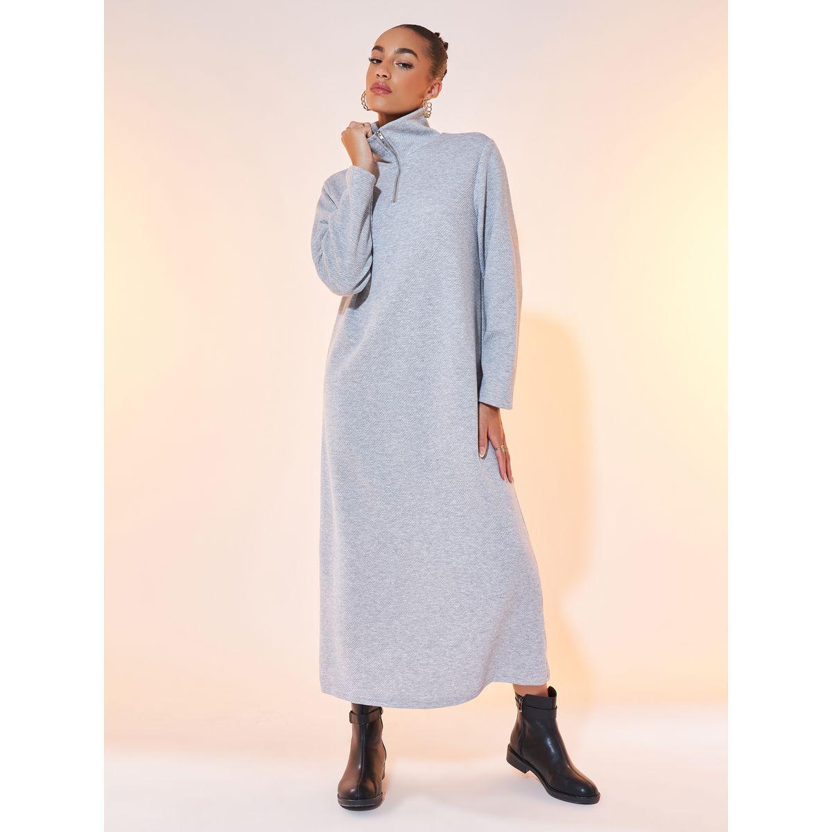 Styli Solid Half-Zip Long Sleeve Maxi Dress-women-clothing-dresses-image-3