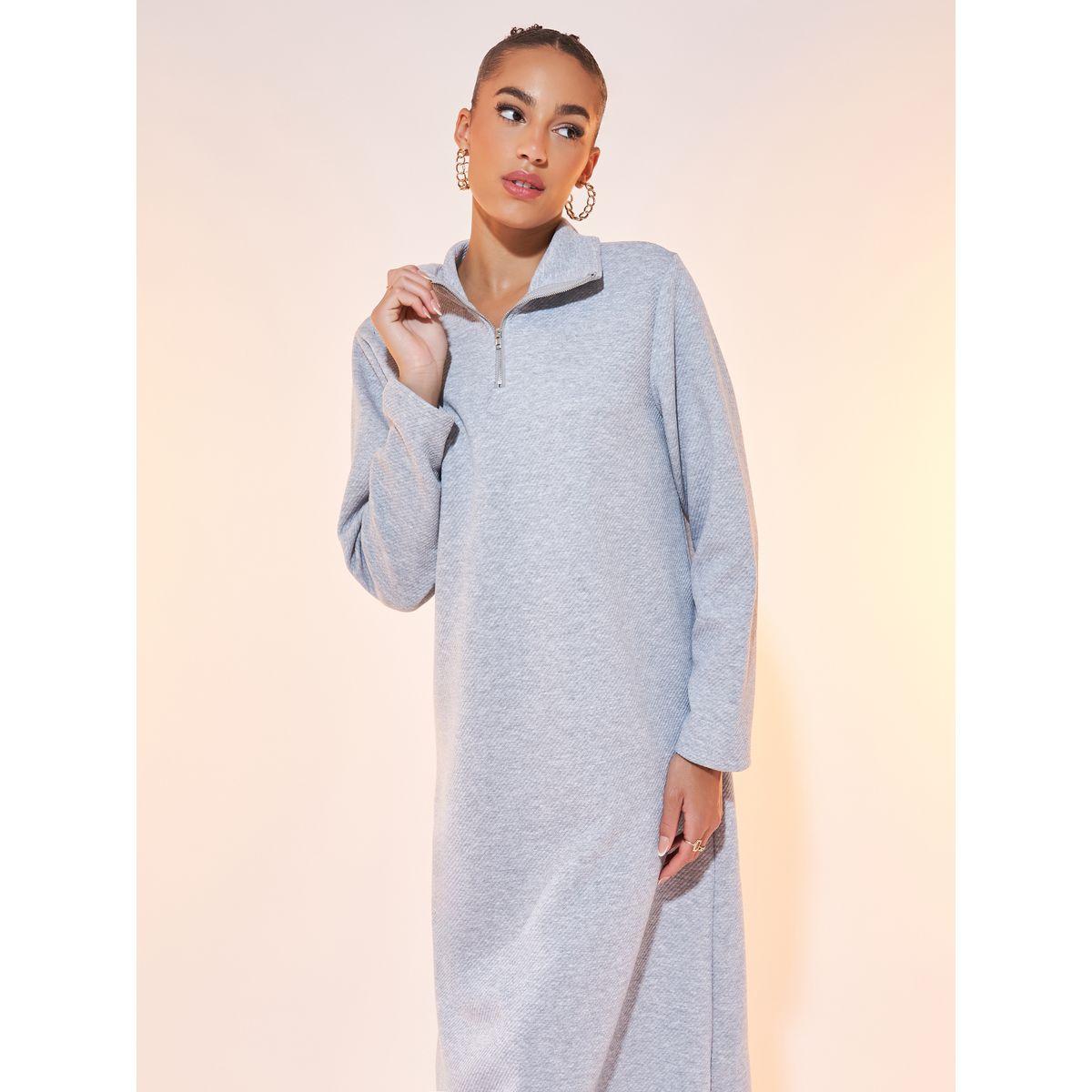 Styli Solid Half-Zip Long Sleeve Maxi Dress-women-clothing-dresses-image-4