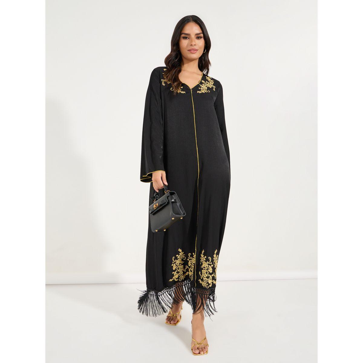 Styli Embroidered V Neck Tassel Hem Jalabiya-women-arabicclothing-jalabiyas-image-1