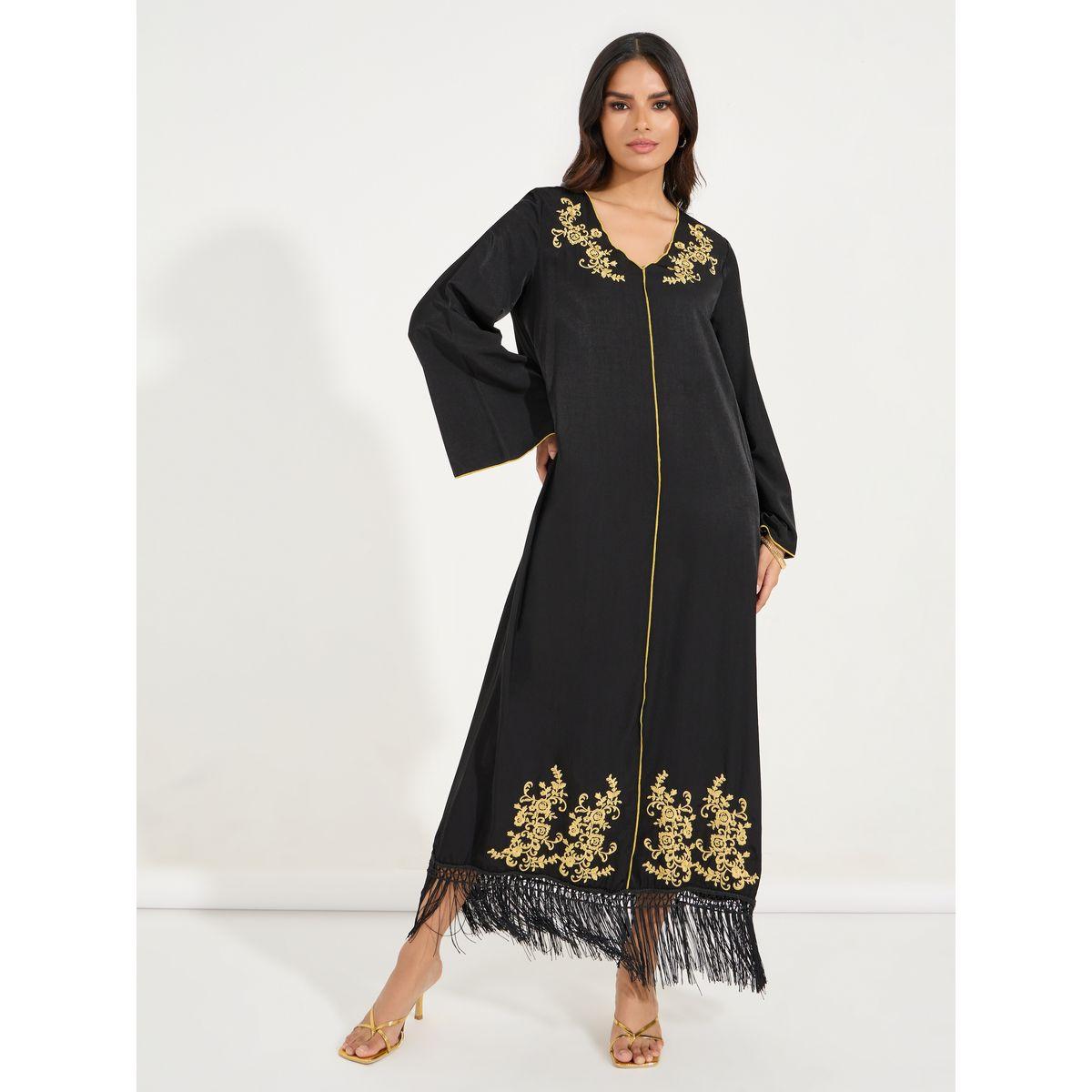 Styli Embroidered V Neck Tassel Hem Jalabiya-women-arabicclothing-jalabiyas-image-4