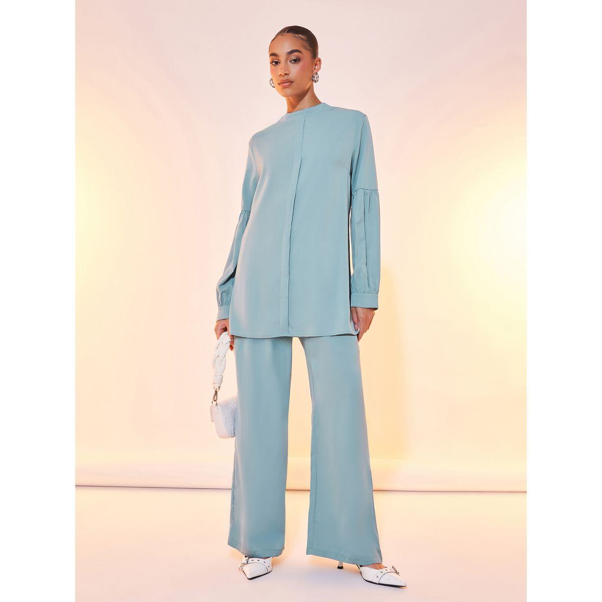 طقم منسق من بنطال مع بلوزة سادة بياقة دائرية-women-clothing-coordsets-image-1