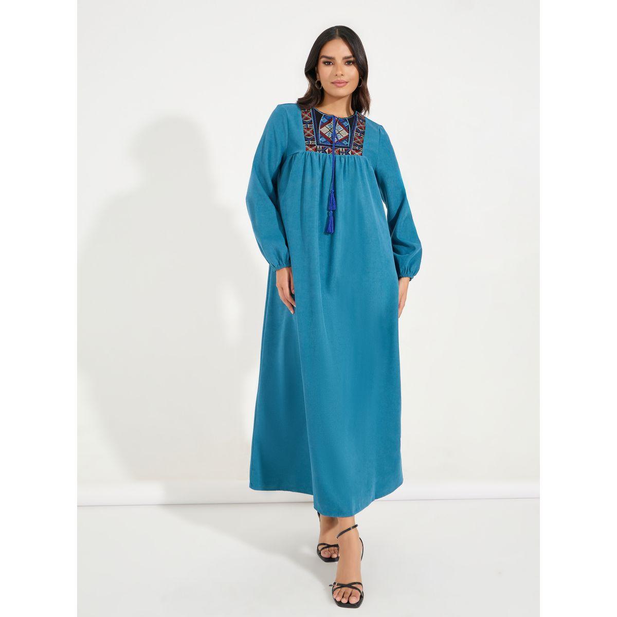 Styli Embroidered Tie-Up Neck Jalabiya Maxi Dress-women-clothing-dresses-image-1