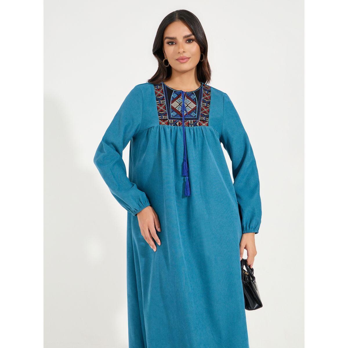 Styli Embroidered Tie-Up Neck Jalabiya Maxi Dress-women-clothing-dresses-image-2