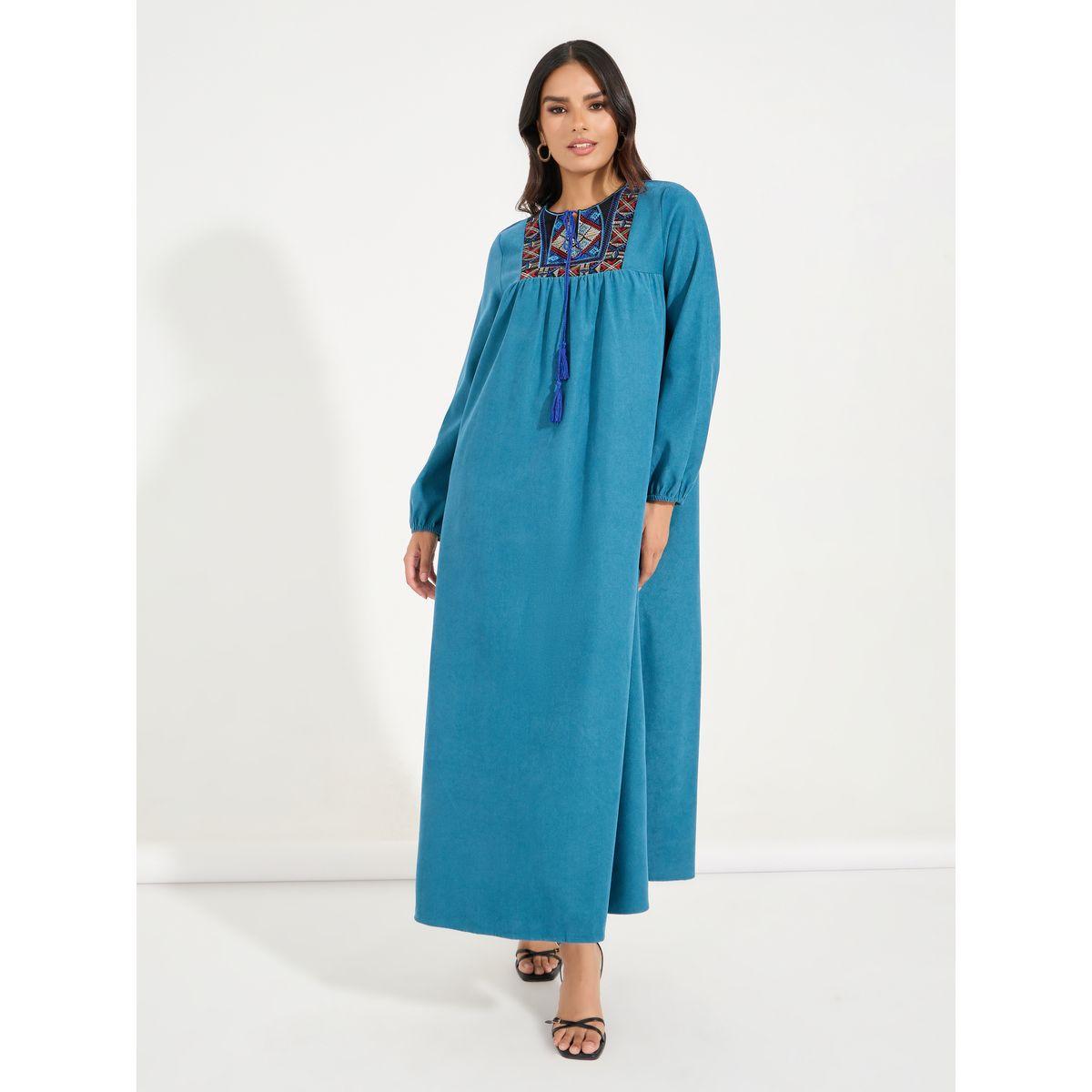 Styli Embroidered Tie-Up Neck Jalabiya Maxi Dress-women-clothing-dresses-image-4