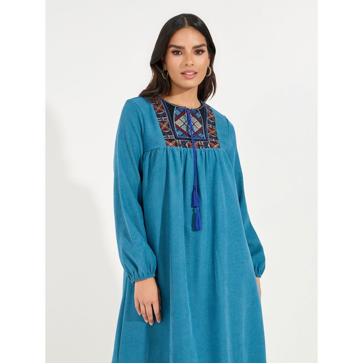 Styli Embroidered Tie-Up Neck Jalabiya Maxi Dress-women-clothing-dresses-image-5