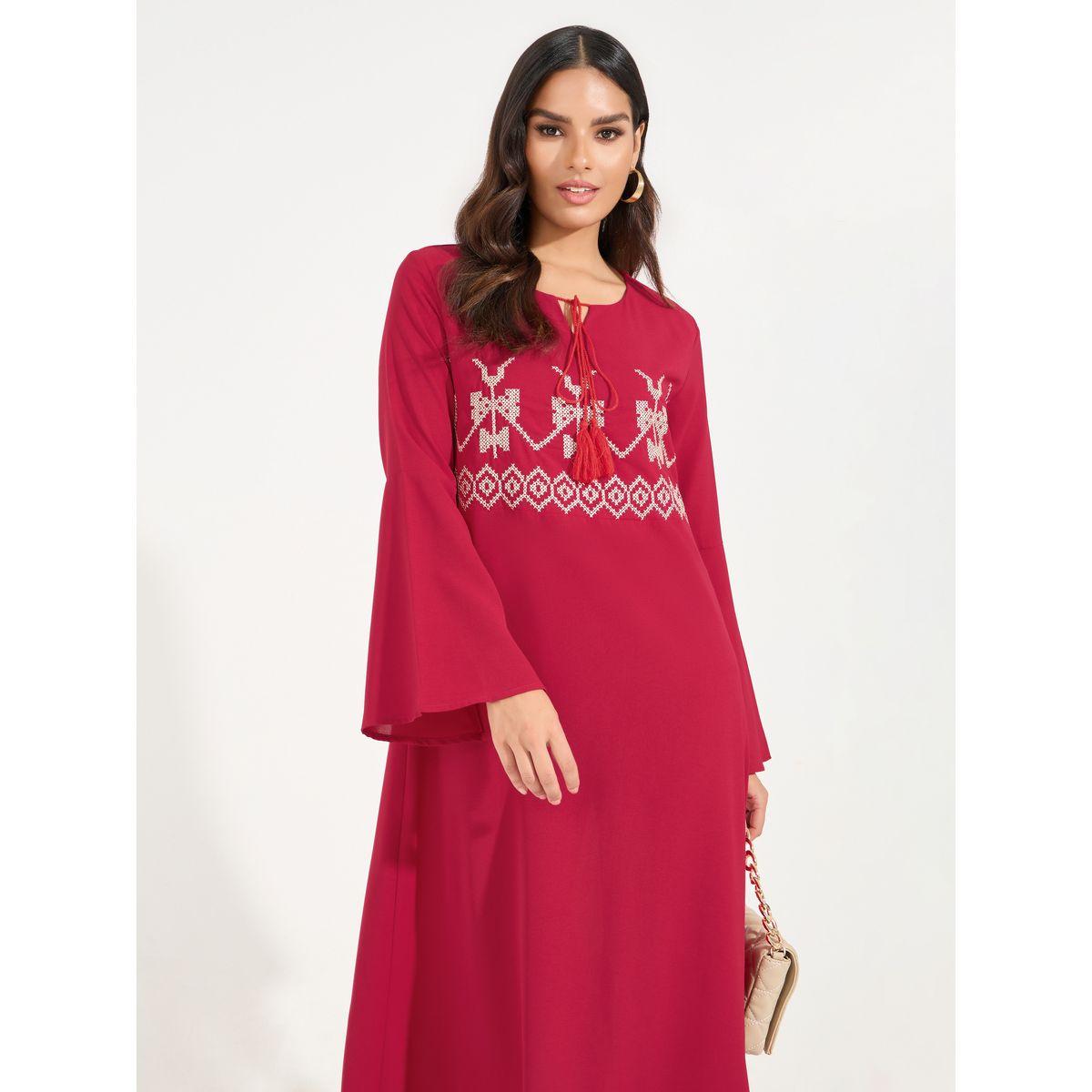 Styli Embroidered Tie-Up Neck Jalabiya-women-arabicclothing-jalabiyas-image-2
