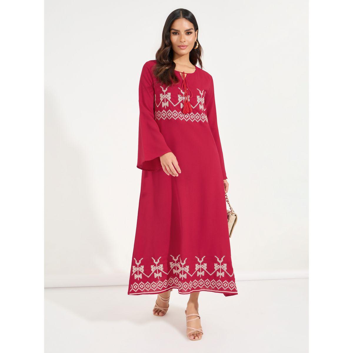 Styli Embroidered Tie-Up Neck Jalabiya-women-arabicclothing-jalabiyas-image-4