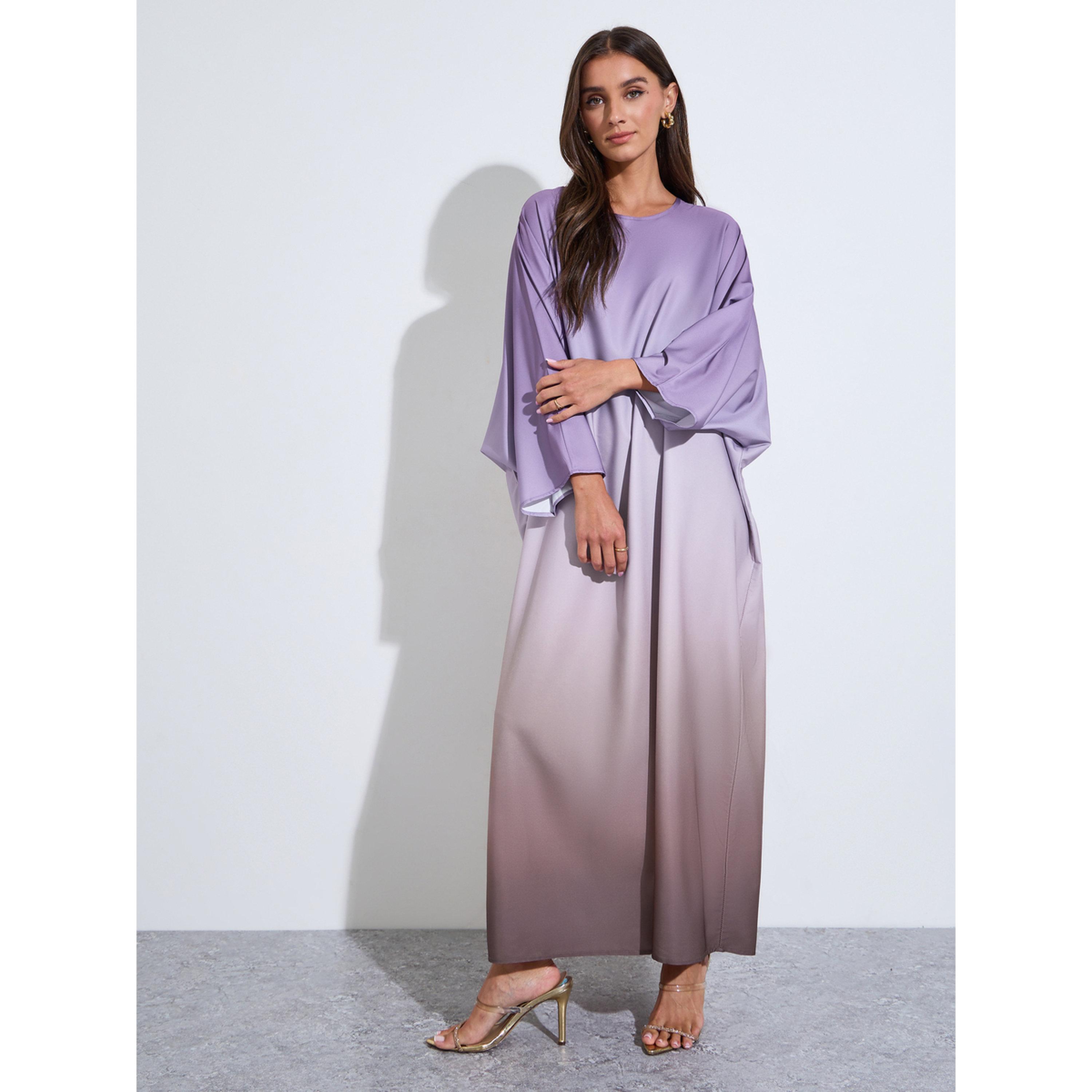 قفطان متعدد الألوان بياقة دائرية وتصميم متباينة الألوان-women-arabicclothing-kaftan-image-1