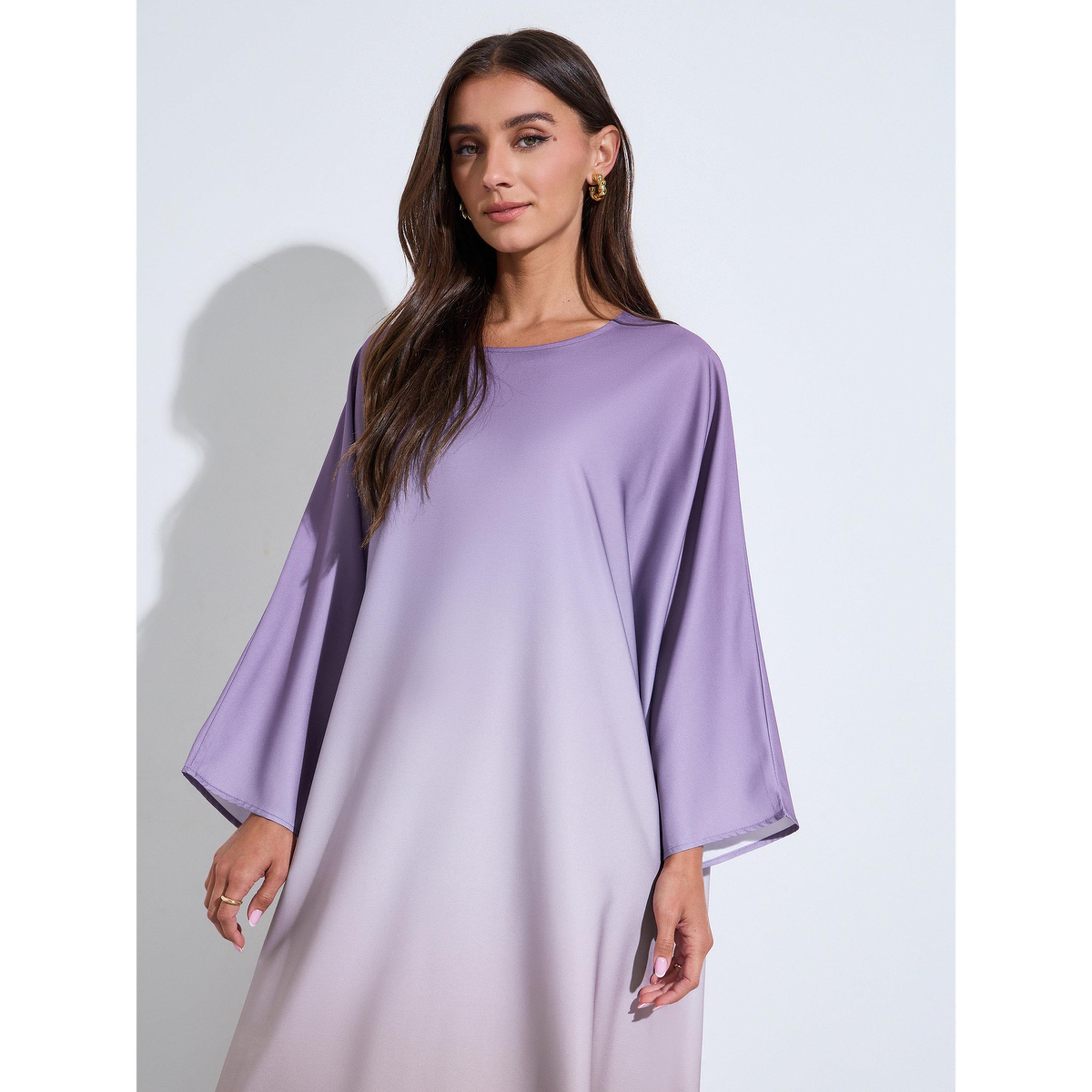قفطان متعدد الألوان بياقة دائرية وتصميم متباينة الألوان-women-arabicclothing-kaftan-image-2