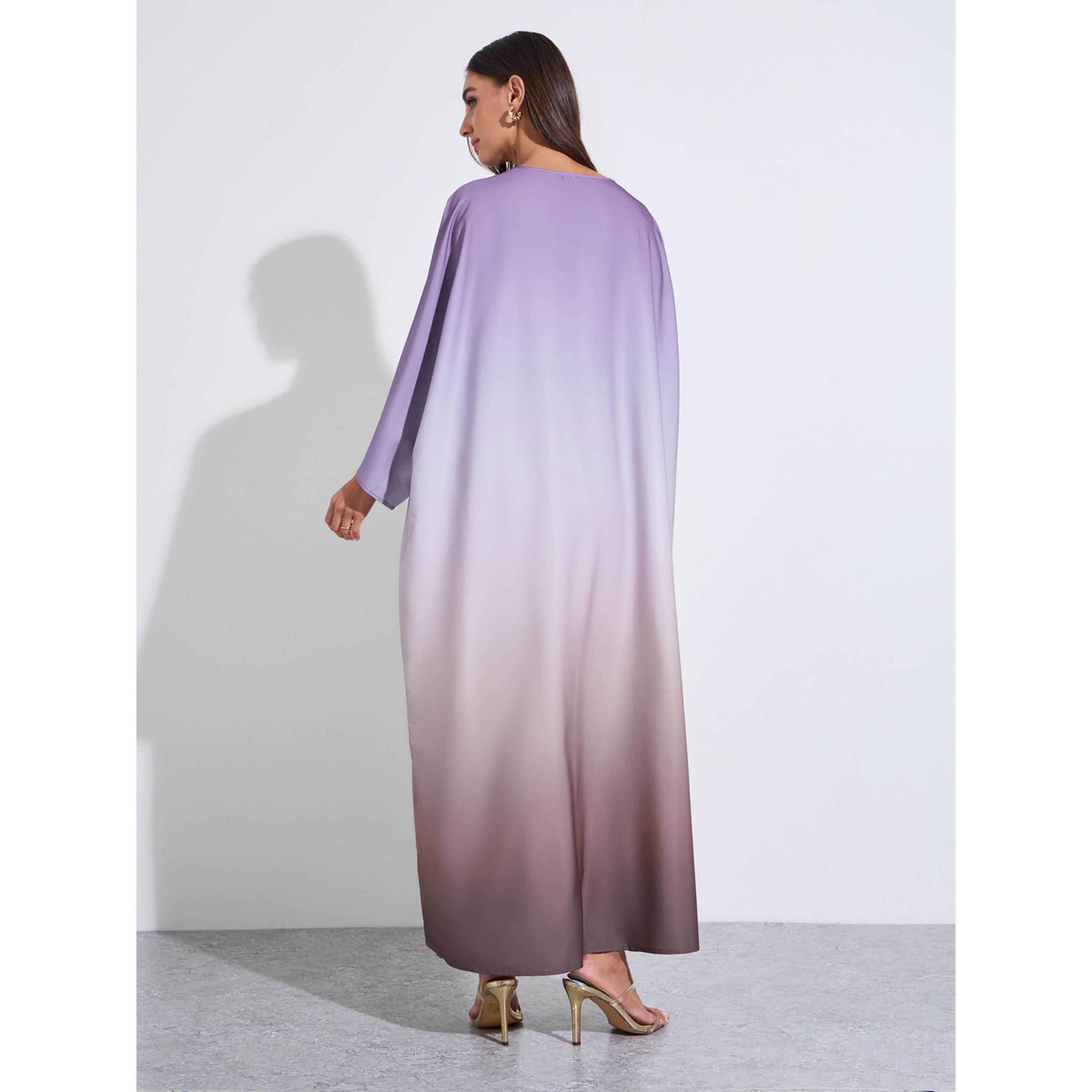 قفطان متعدد الألوان بياقة دائرية وتصميم متباينة الألوان-women-arabicclothing-kaftan-image-3