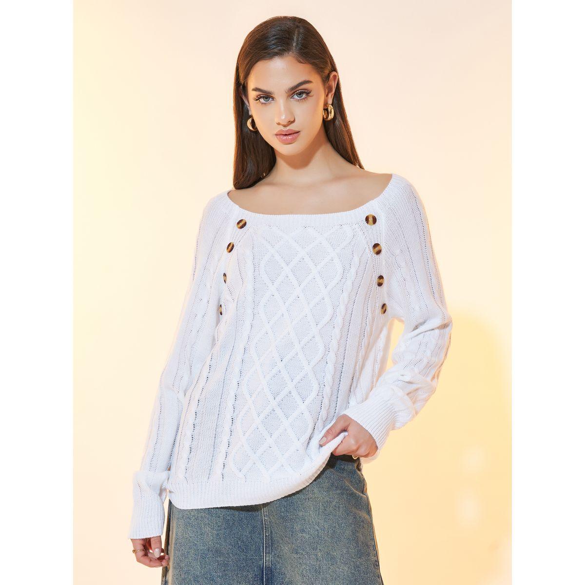 Styli Relaxed Fit Cable Knit Sweater with Button Detail-women-winterwear-cardigansandjumpers-jumpers-image-1