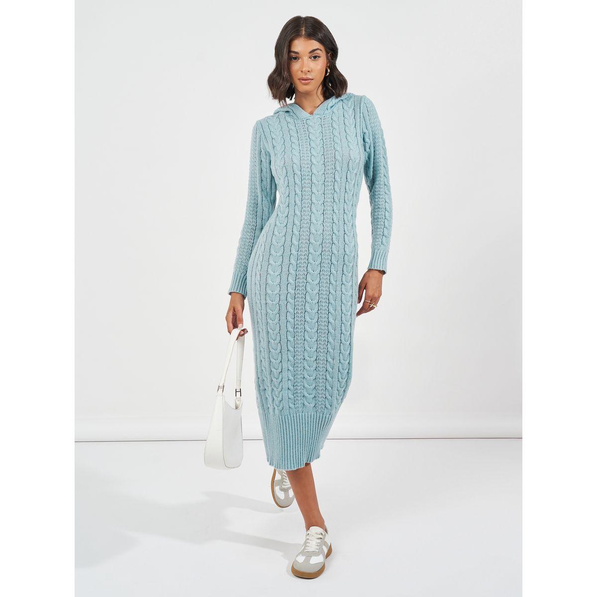 Styli Limited Cable Knit Hooded Long Sleeve Sweater Midi Dress-women-clothing-dresses-image-1