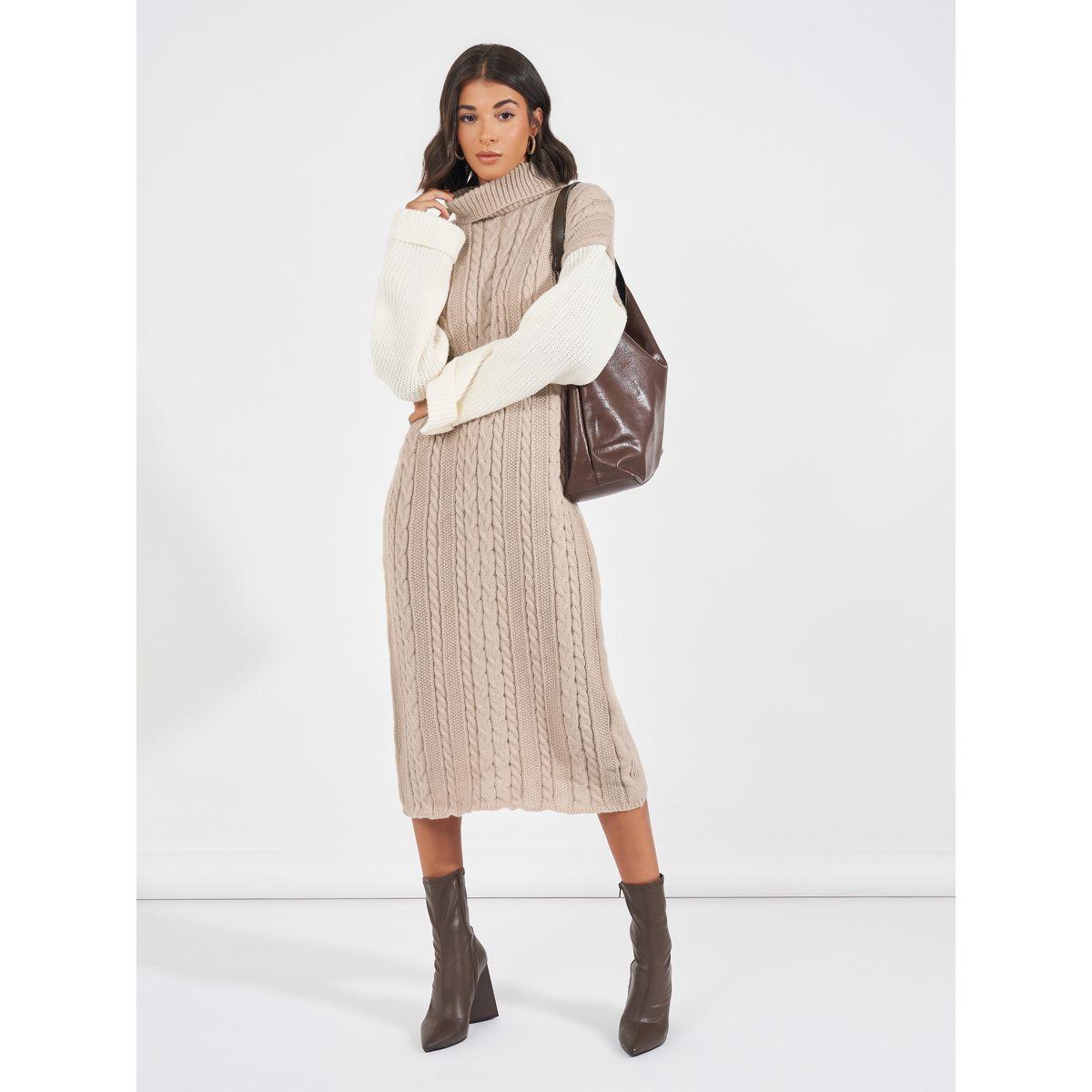 Styli Limited Cable Knit Sweater Midi Dress with Color Block Sleeves-women-clothing-dresses-image-1