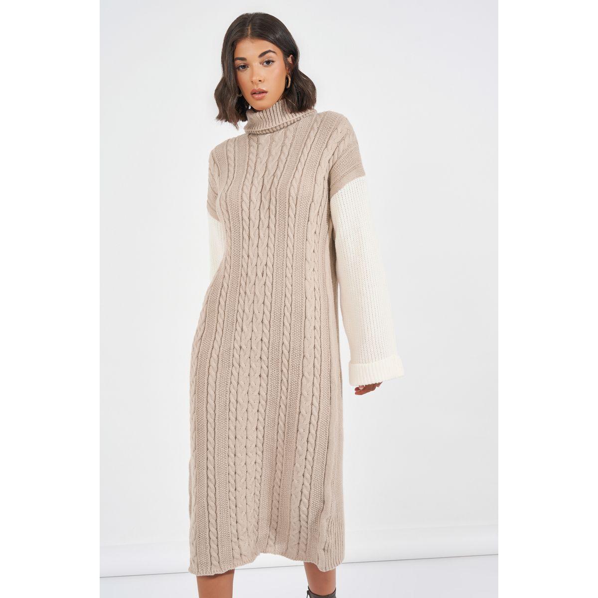 فستان ميدي محبوك مع أكمام بنمط كتل الالوان-women-clothing-dresses-image-2