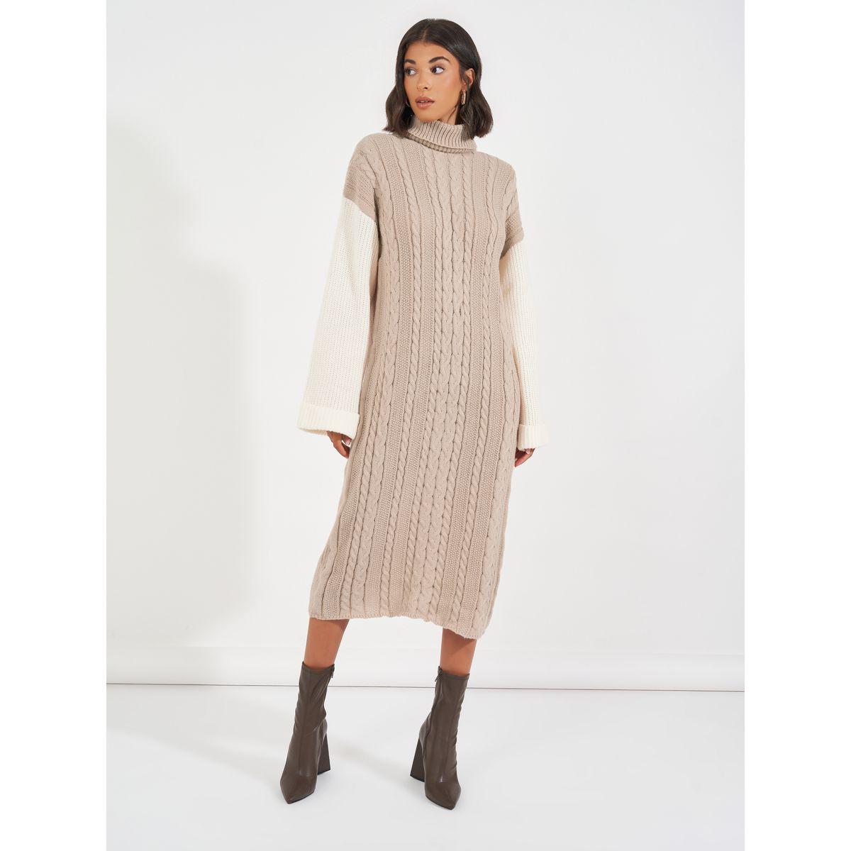 Styli Limited Cable Knit Sweater Midi Dress with Color Block Sleeves-women-clothing-dresses-image-4